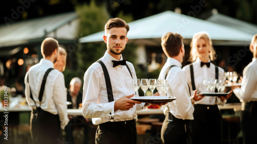  A waiter dressed in his white shirt and bow tie uniform, preparing to serve a cocktail party and reception