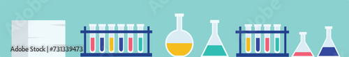 Laboratory equipment flat design illustration. Science experiment with test tubes, beakers, and flasks. Chemical, research graphic colorful, liquids photo