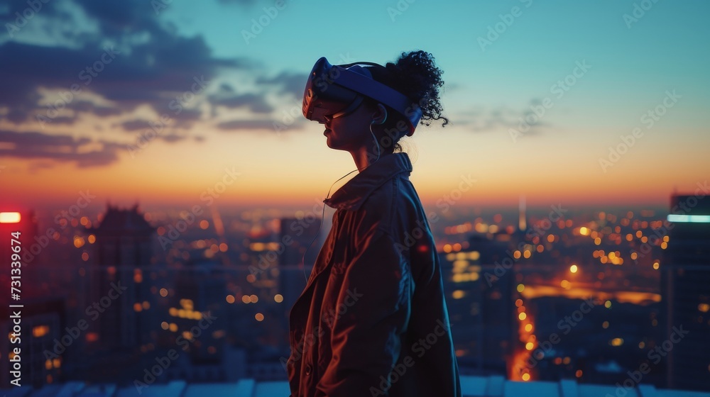 As the winter sun sets behind the towering skyscrapers, a woman stands outside wearing a virtual reality headset, her face reflecting the ever-changing sky above As the winter sun sets behind the towering skyscrapers, a woman stands outside wearing a virtual reality headset, her face reflecting the ever-changing sky above