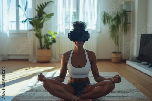 A woman finds balance and peace within herself as she practices yoga, her limbs strong and flexible while wearing yoga pants and a vr headset in the comfort of her indoor space photo