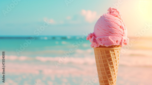 Beautiful, fruity ice in a cone; beach and see in the background, summer colors