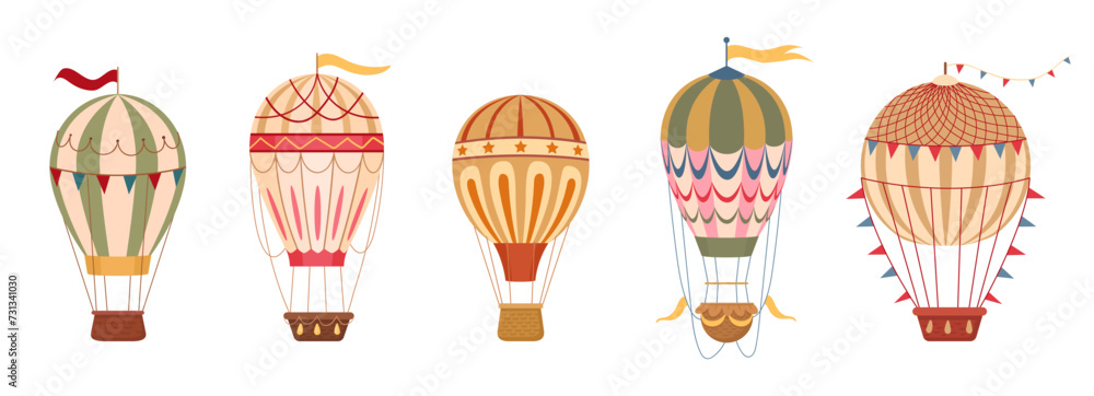 Retro hot air balloons. Cartoon flying hot air balloons decorated with flags and garlands flat vector illustration set. Vintage air transport collection