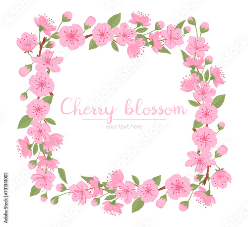 Cherry blossom frame. Spring sakura flowers decorative element, japanese sakura blossoms frame flat vector illustration. Asian floral frame on white