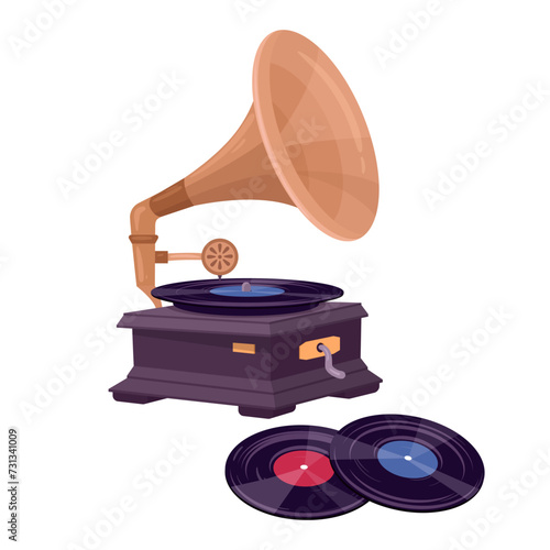 Gramophone and vinyl records. Antique music device, retro gramophone player for listening music flat vector illustration. Nostalgic phonograph on white