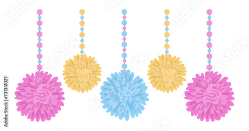 Paper pom poms. Hanging Birthday party or Easter decorations, multicolor paper garlands flat vector illustration. Cute paper party decor photo
