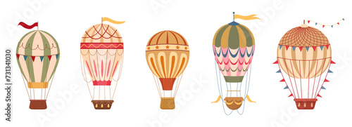 Retro hot air balloons. Cartoon flying hot air balloons decorated with flags and garlands flat vector illustration set. Vintage air transport collection