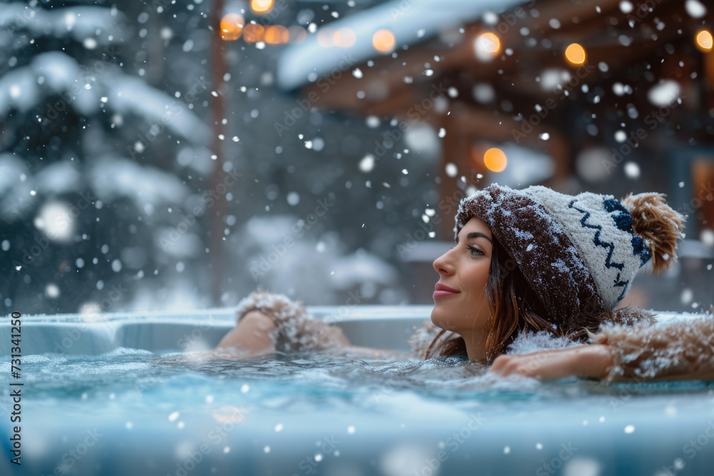 girl relaxing in a hot tub, with snow falling around her girl relaxing in a hot tub, with snow falling around her