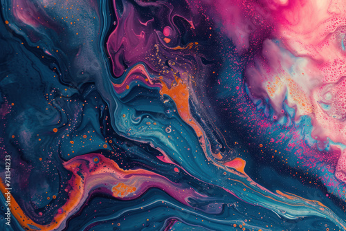 Colorful abstract composition with Liquids. Interesting shapes, patterns, rich textures, color mixing, fluidity, flowability create unique design. Space for text. Background texture