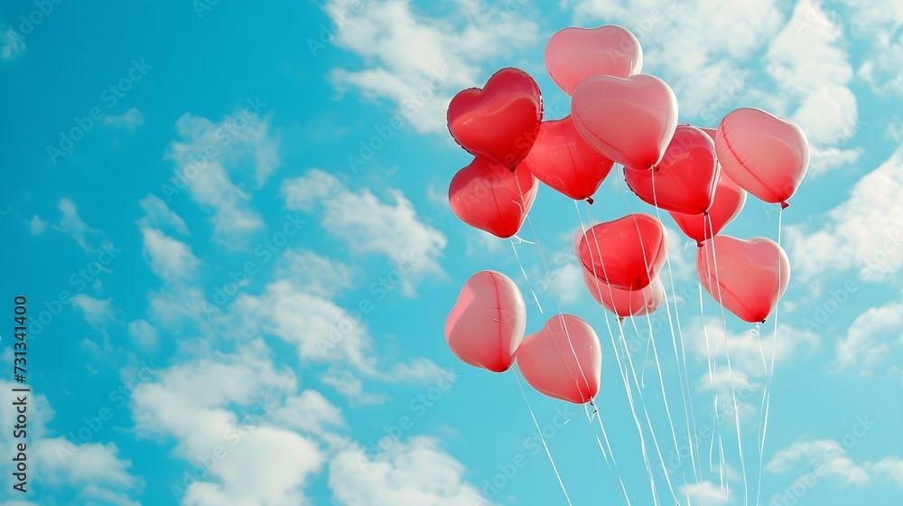 Valentine's Day celebration with a vibrant image featuring heart-shaped balloons soaring against a blue sky