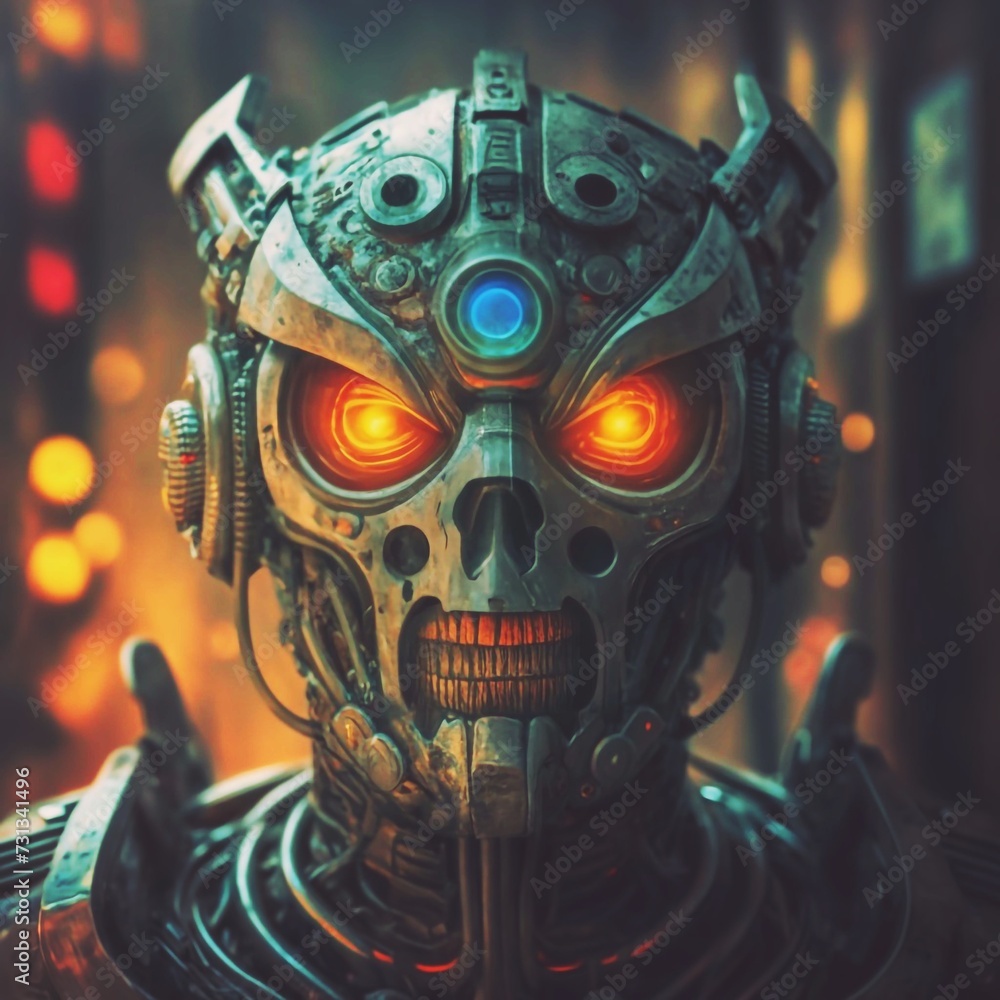 Robot Skull Cyborg Head Machine Science background. A realistic silver robot with a skull head design, glowing eyes, intricate details, and metal construction stands against a dark background Robot Skull Cyborg Head Machine Science background. A realistic silver robot with a skull head design, glowing eyes, intricate details, and metal construction stands against a dark background