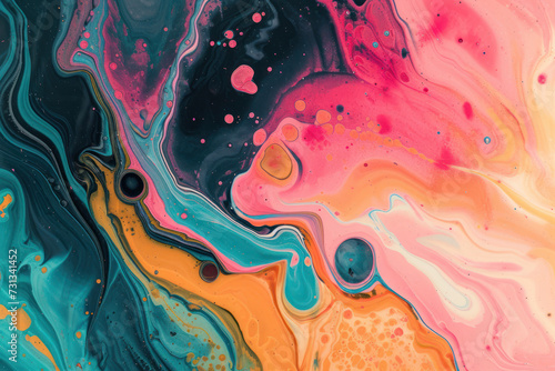 Colorful abstract composition with Liquids. Interesting shapes, patterns, rich textures, color mixing, fluidity, flowability create unique design. Space for text. Background texture © Roman