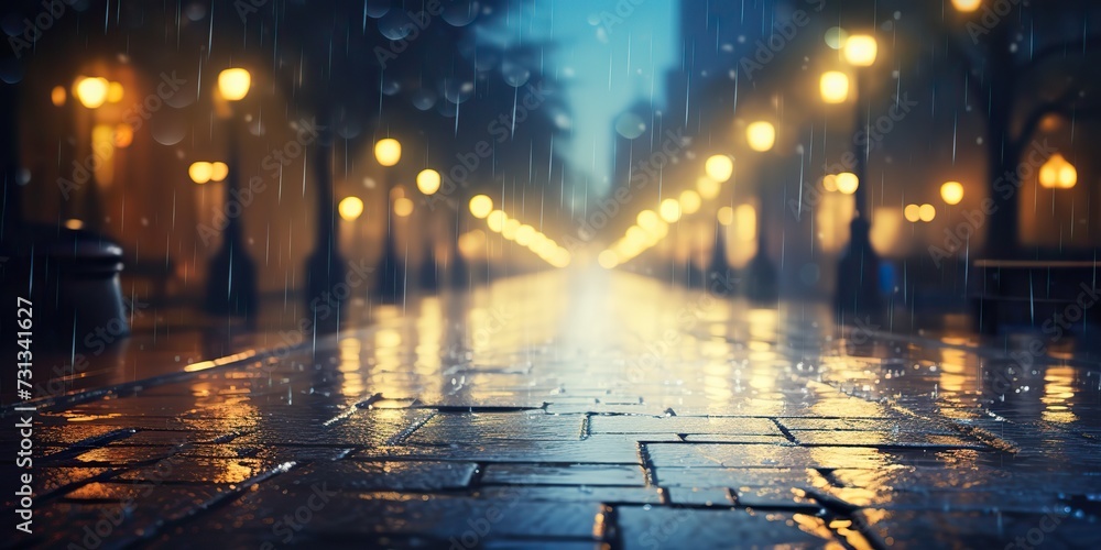 Obraz premium Night city town rain day blurred bokeh background cityscape decoration view scene