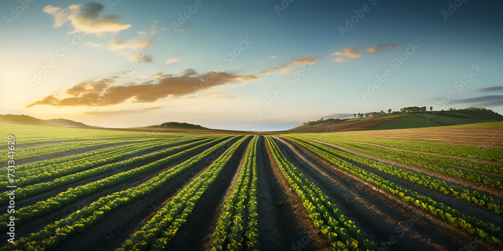 Agricultural industry is a major contributor to greenhouse gas emissions and needs  farm with a row of vegetables and a house in the background. - obrazy, fototapety, plakaty 