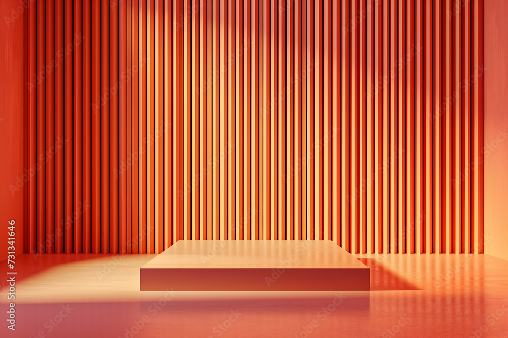 A vibrant holographic orange 3D podium on a stylish neon background. Studio showroom pedestal. Minimal scene mockup for product display presentation.