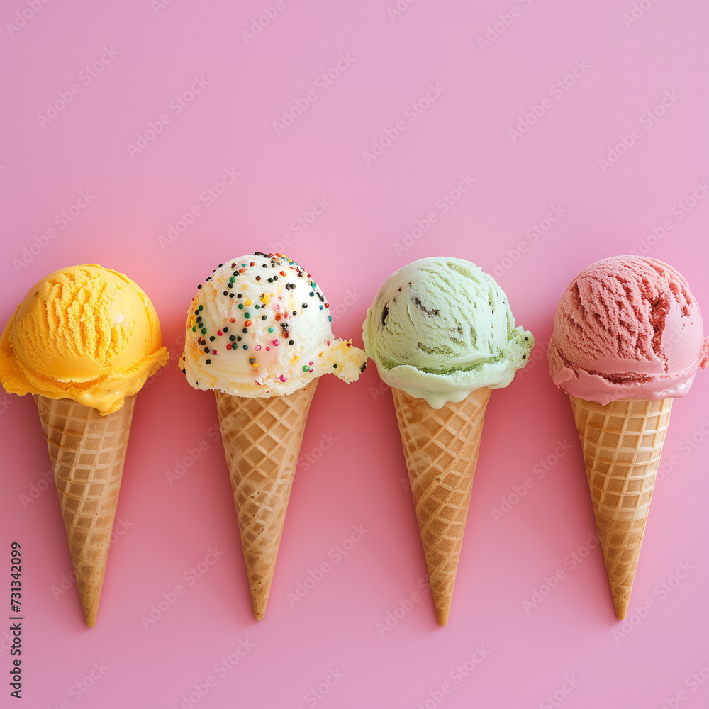 Beautiful, fruity ice cream in a cone, colorful background, summer colors Beautiful, fruity ice cream in a cone, colorful background, summer colors