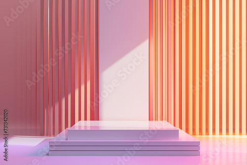 Abstract 3D podium on background with geometric vertical lines. Studio showroom pedestal. Minimal scene mockup for product display presentation.