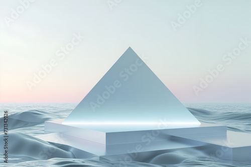 Triangular abstract 3D podium on the surface of the water. Studio showroom pedestal. Minimal scene mockup for product display presentation.