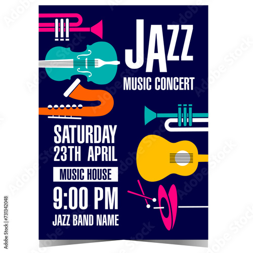 Jazz music concert template with colourful musical instruments on black background, such as saxophone, trumpet, guitar, cello and hi-hat. Suitable for poster, invitation, flyer or banner design.