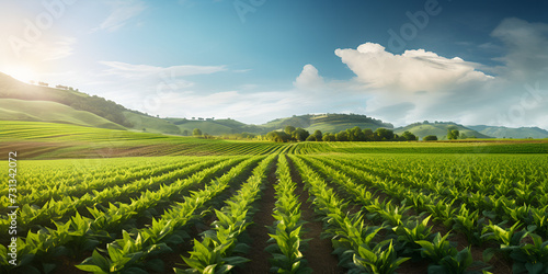 Field of sweet sugar beet growing with blue sky background beet tops for sugar production, green parts of the sugar beet plant in the summer season on an agricultural field. photo