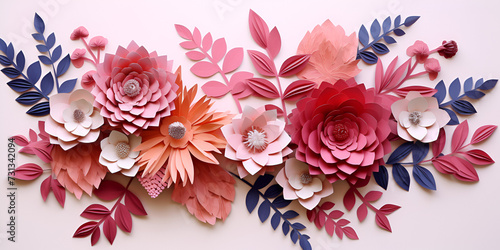 Various flowers of pink warm shades Floral background Pink and Rose gold 3D flower papercut wallpaper  Classic home decoration. Blooms of Joy - Festive Background with a Gorgeous Bouquet.
