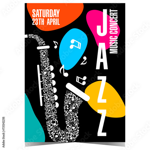 Jazz music concert invitation with a saxophone consisting of musical notes, colorful arbitrary shapes on black background. Vector template for music festival or instrumental session poster or banner.