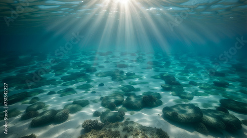 Sunlight shining through the surface of the blue ocean, sea, with dark waters and sandy seabed below.