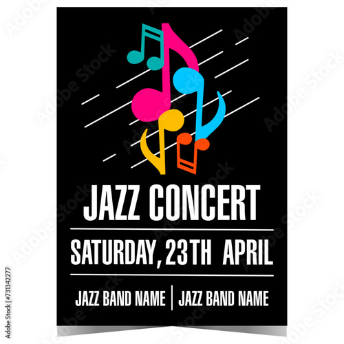 Jazz music concert poster template with colourful musical notes on black background. Vector design of banner, leaflet or flyer suitable for Jazz Festival, live entertainment event or cultural show.