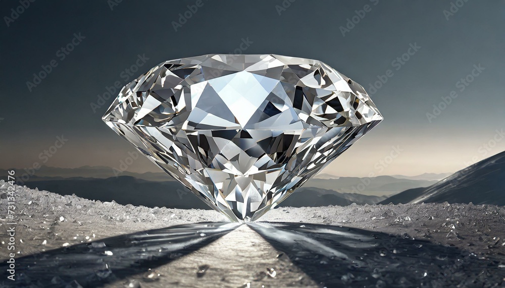 White diamond with colorful light reflections laying on mirror black background. - obrazy, fototapety, plakaty 