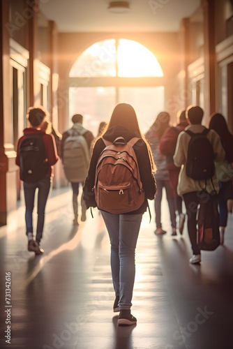 rear view of students walking in the classroom hallway in the morning photo