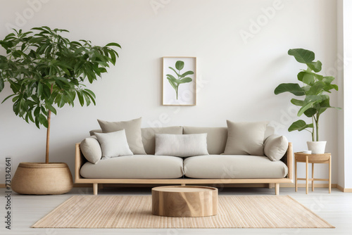 Modern living room Scandinavian, japandi style with a gray sofa, wooden furniture, and green plants, under a framed wall art. serene, natural atmosphere for decor inspiration.
