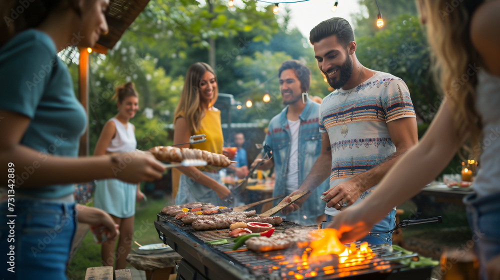 Friends gather around a sizzling grill, basking in the joy of a summer barbecue party. Laughter fills the air as they bond over delicious food, cold drinks, and good company. A perfect depic