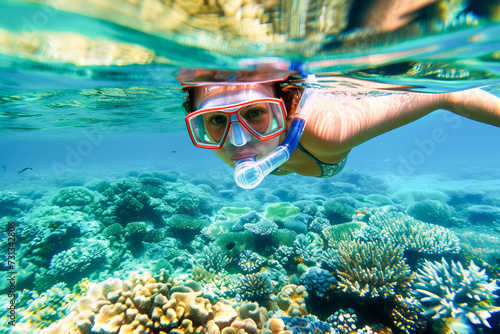 Woman snorkeling in shallow water for relaxation and leisure