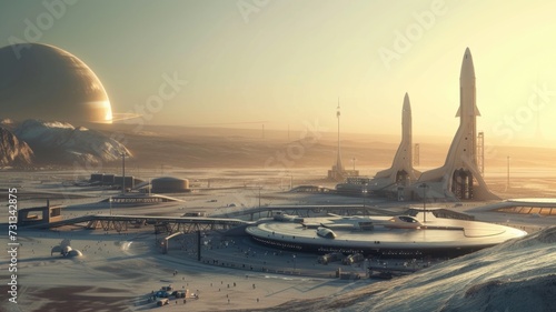 futuristic spaceport with spacecraft ready for launch, representing the future of human spaceflight