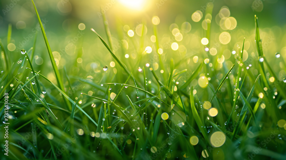 A captivating and radiant seamless pattern capturing the ethereal beauty of morning dew on lush green grass, perfectly conveying the invigorating freshness of a new day at dawn.