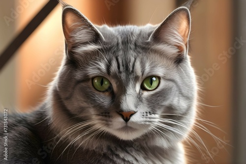 Grey Cat with Green Eyes: Softly Blurred Background
