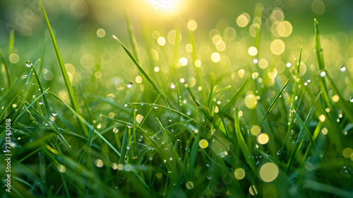 A captivating and radiant seamless pattern capturing the ethereal beauty of morning dew on lush green grass  perfectly conveying the invigorating freshness of a new day at dawn.