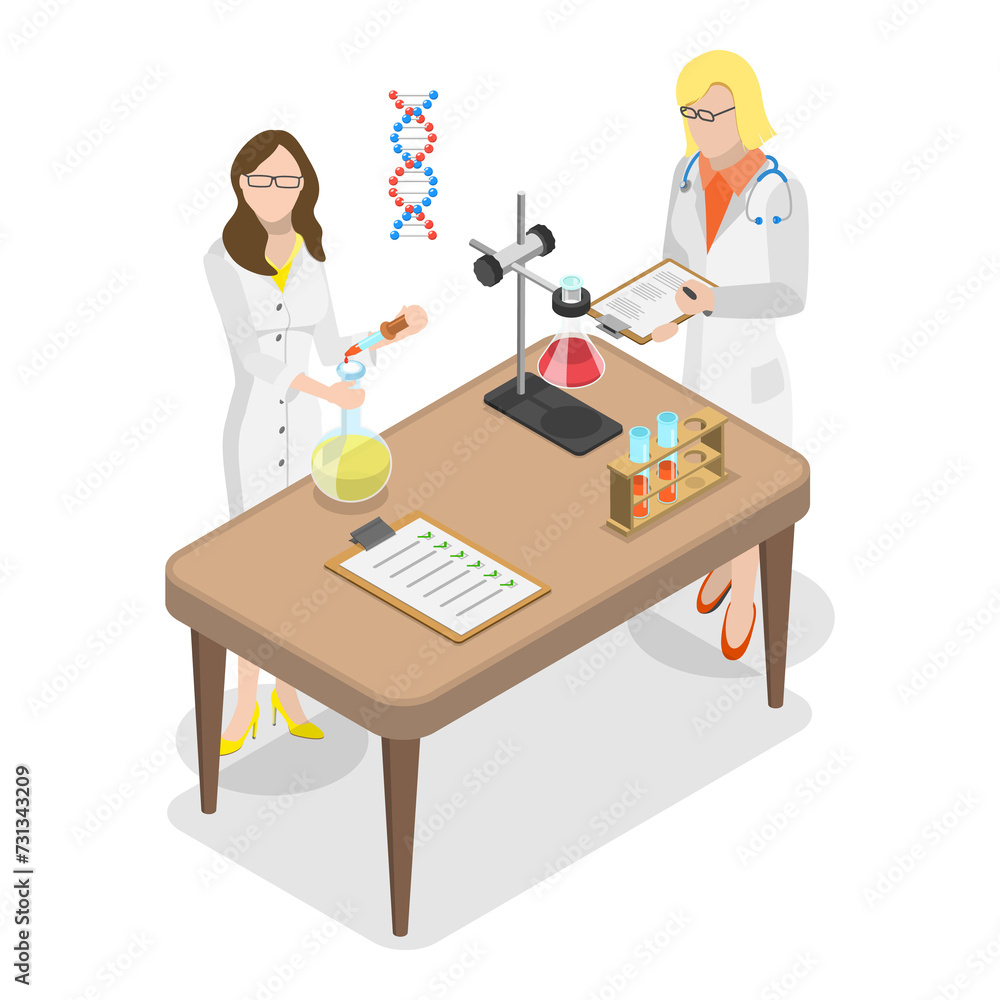 3D Isometric Flat Illustration of Chemistry Laboratory Workers. Item 1 3D Isometric Flat Illustration of Chemistry Laboratory Workers. Item 1