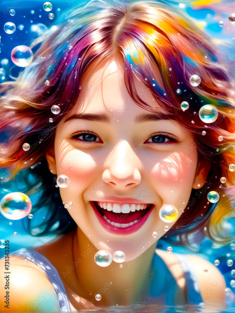 Digital painting of girl with soap bubbles in her hair and smiling. Digital painting of girl with soap bubbles in her hair and smiling.