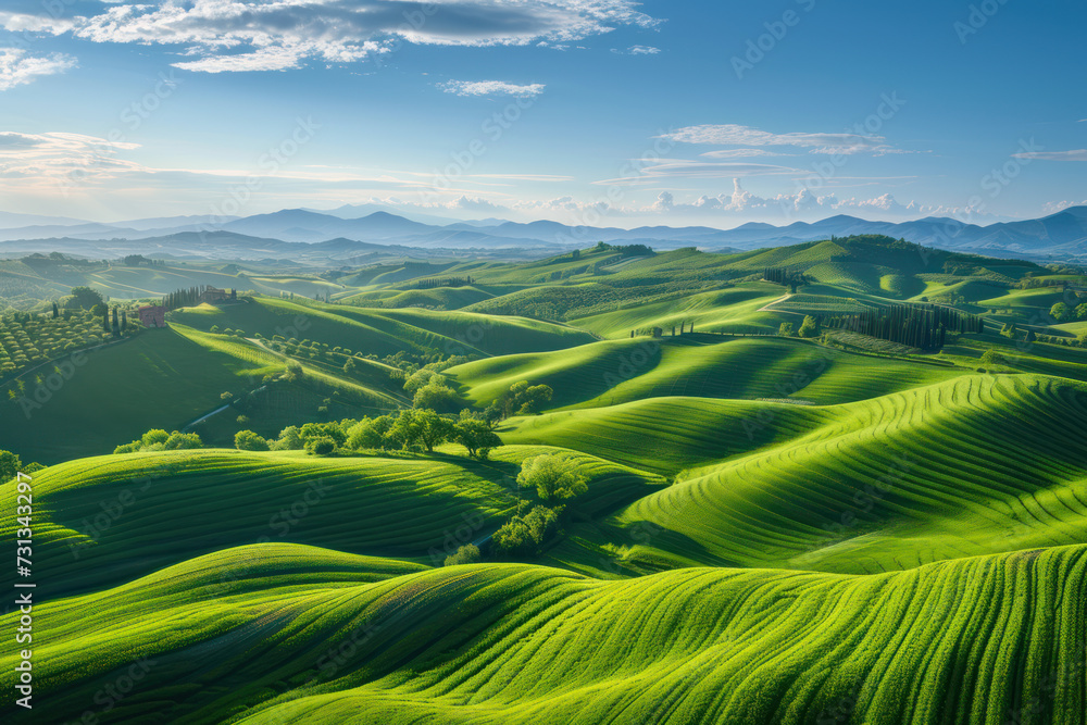 Beautiful Aerial landscape of waves hills valley in rural nature, Tuscany farmland, Italy, Europe