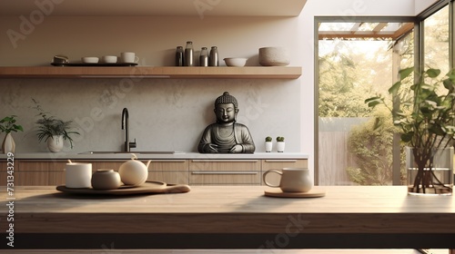Tranquil Asian-Inspired Kitchen: Harmony with Zen Elements and Natural Tones