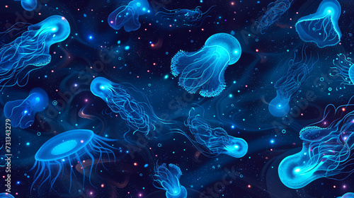 Dive into a mesmerizing underwater realm with this seamless pattern of bioluminescent plankton in the ocean. Let the ethereal glow and intricate details transport you to a magical world of w © Nijat