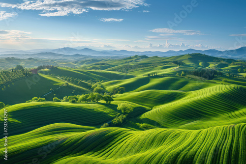 Beautiful Aerial landscape of waves hills valley in rural nature, Tuscany farmland, Italy, Europe