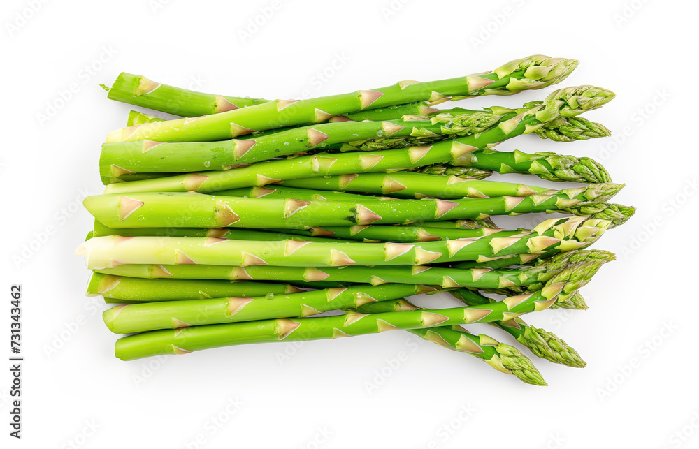A high-quality image showcasing fresh, green asparagus spears neatly arranged against a clean, white background. Ideal for culinary content and health and wellness themes. A high-quality image showcasing fresh, green asparagus spears neatly arranged against a clean, white background. Ideal for culinary content and health and wellness themes.