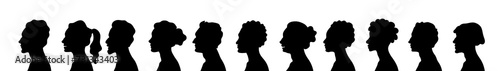Silhouette heads.Set of profile face of different people. Man and woman heads in profile symbol.Set man and woman head icon silhouette. Anonymous faces portraits, black outline photo design © Elena