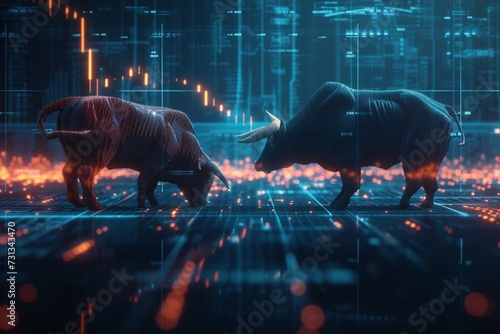 concept of stock market exchange, graphic of bull and bear combined with candlestick