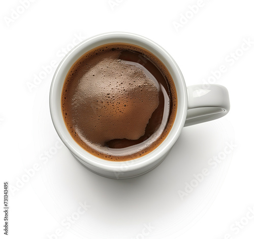 Top view of a white mug filled with freshly brewed coffee, showcasing the rich crema on top, isolated on a white background.