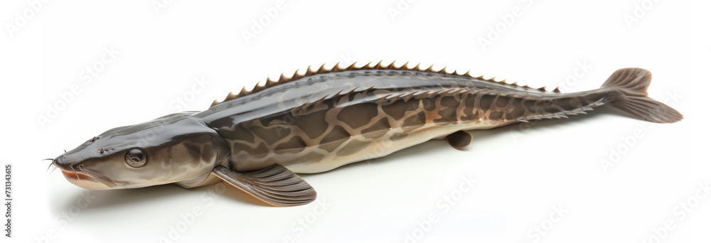 A high-resolution image capturing the intricate details of a sturgeon fish, isolated against a white background, showcasing its unique patterns and textures. A high-resolution image capturing the intricate details of a sturgeon fish, isolated against a white background, showcasing its unique patterns and textures.