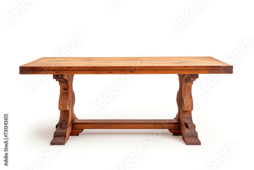 A beautifully crafted wooden table with intricate design, isolated on a white background, showcasing the natural wood grain and artisan craftsmanship.