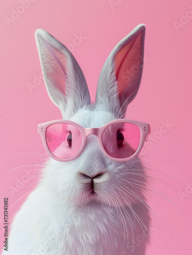 Easter Bunny. A photo of a white rabbit wearing pink sunglasses standing against a vibrant pink background.