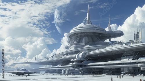 Fototapeta Naklejka Na Ścianę i Meble -  futuristic spaceport with advanced spacecraft and architecture, a distant planet in the background, under a bright, cloud-streaked sky.